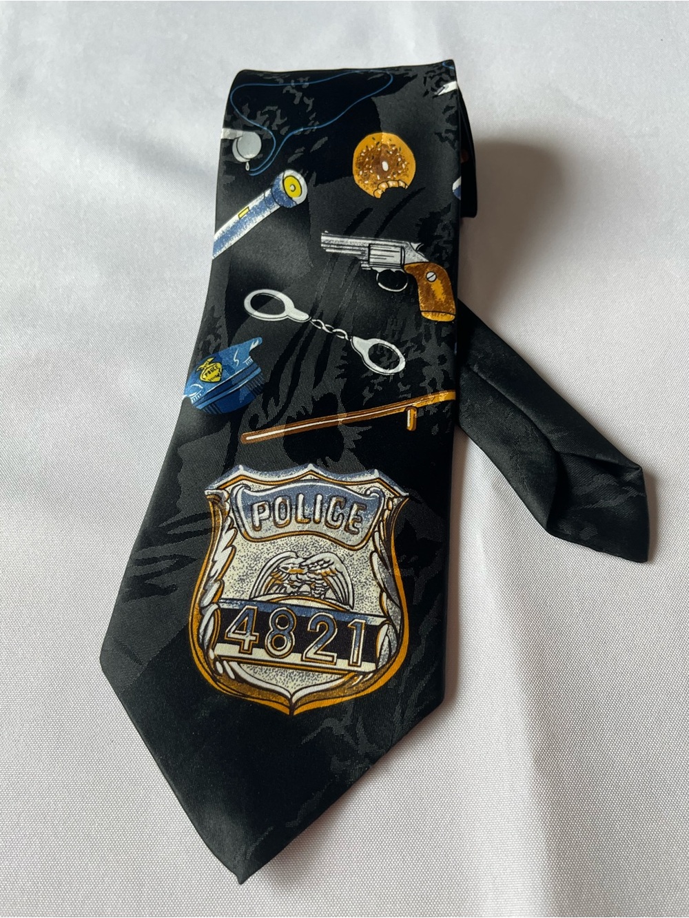 Black Police-Themed Men's Neck Tie with Badge and Accessories Print